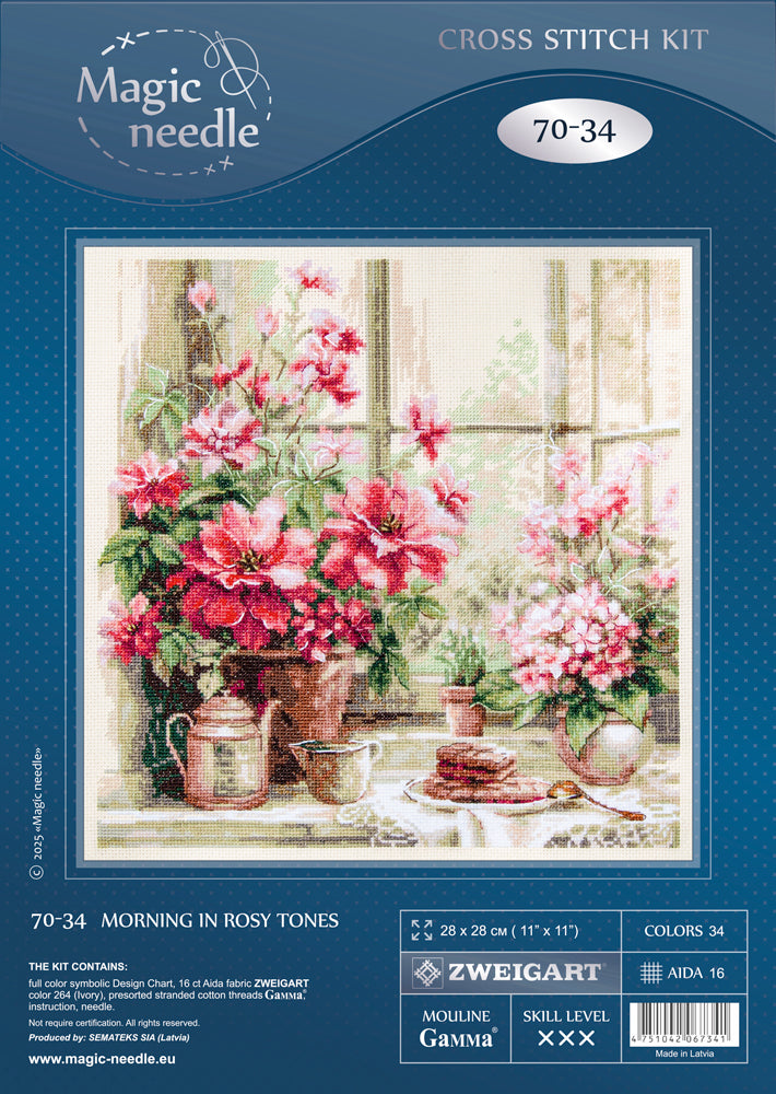 Kit de punto de cruz Magic Needle 70-34 Morning in Rosy Tones, flores rosas junto a la ventana