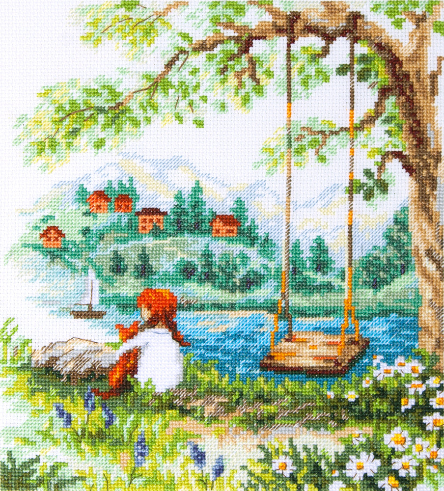 Kit de punto de cruz Magic Needle 70-42 Carefree Days con niña y paisaje de lago