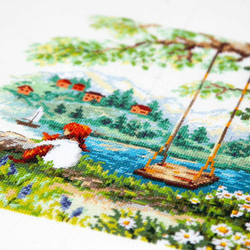 Kit de punto de cruz Magic Needle 70-42 Carefree Days con niña y paisaje de lago