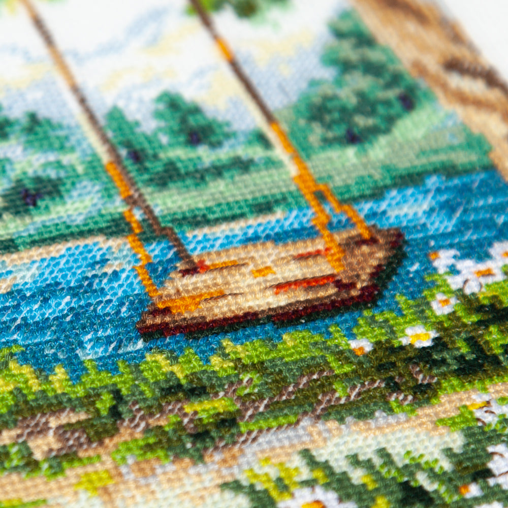 Kit de punto de cruz Magic Needle 70-42 Carefree Days con niña y paisaje de lago