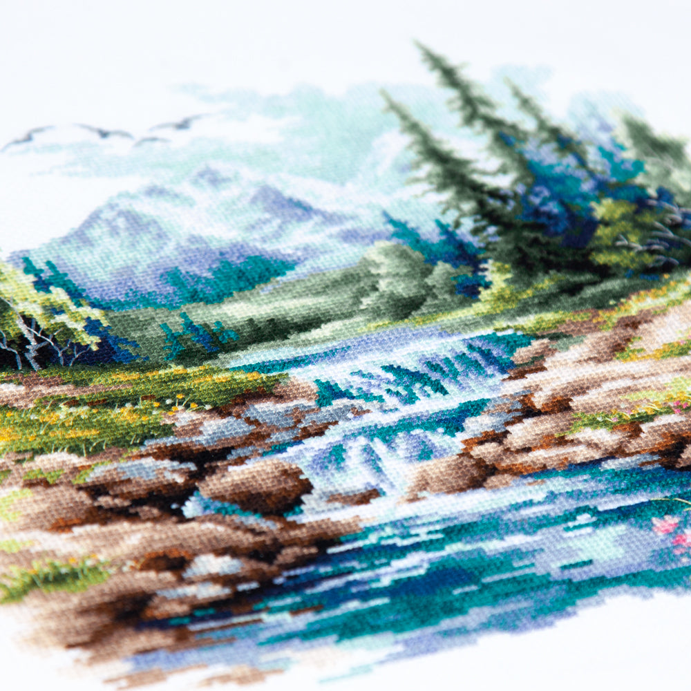 Kit de punto de cruz Magic Needle 70-43 Life Flows, paisaje de río y montaña