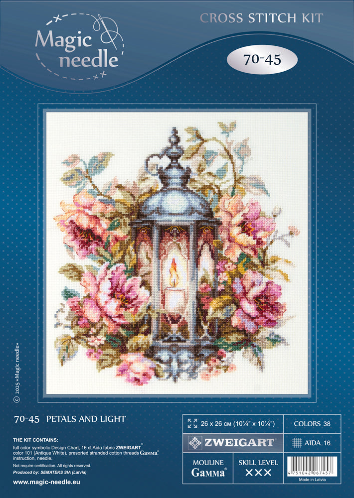 Kit de punto de cruz Magic Needle 70-45 Petals and Light con farol y flores