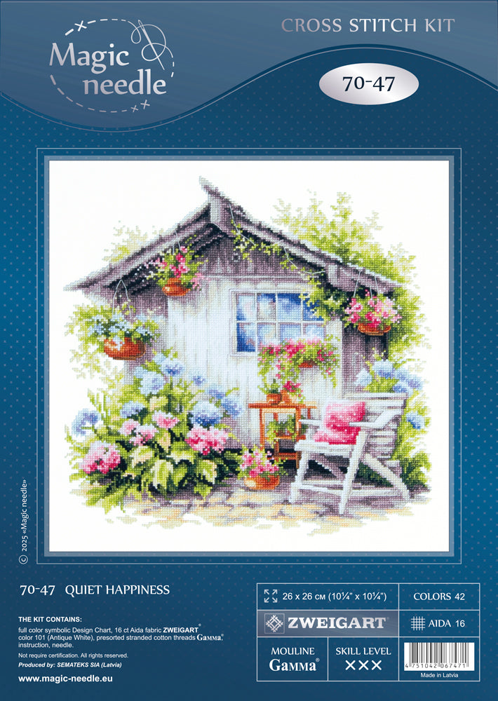 Kit de punto de cruz Magic Needle 70-47 Quiet Happiness, jardín con flores y casa