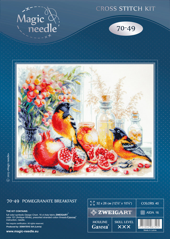 Kit de punto de cruz Magic Needle 70-49 Pomegranate Breakfast con granadas y pájaros