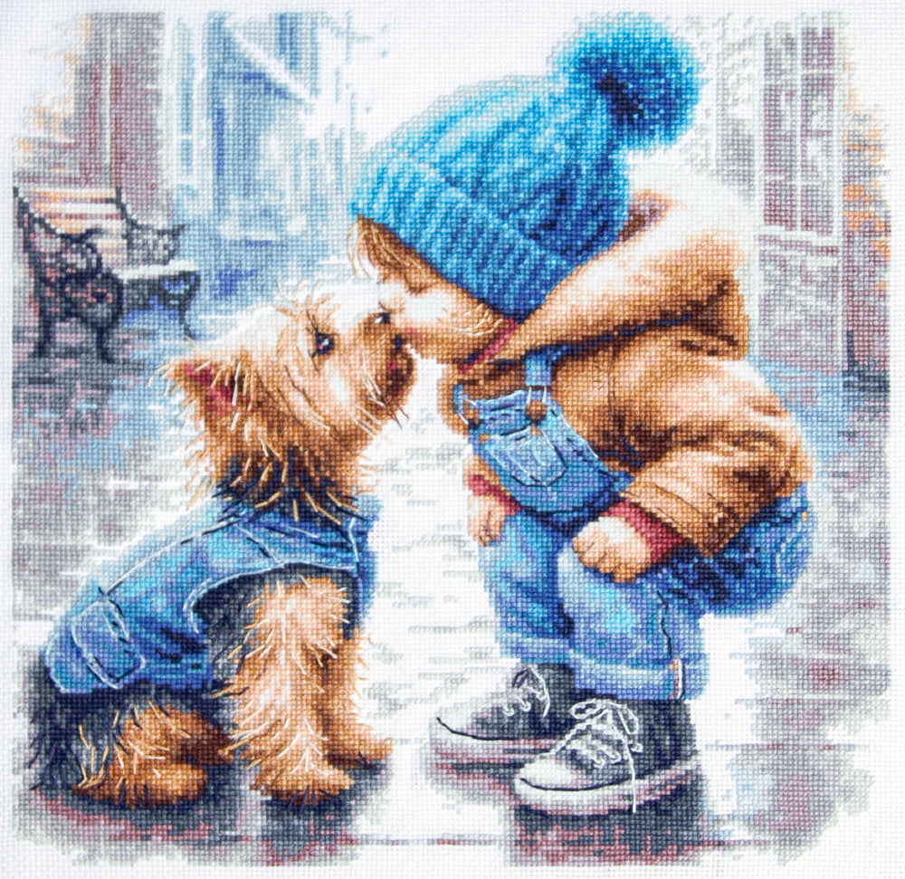 Kit de punto de cruz Magic Needle 70-51 First Friend con perro en una escena tierna de invierno, bordado en Aida Zweigart beige 16 ct.