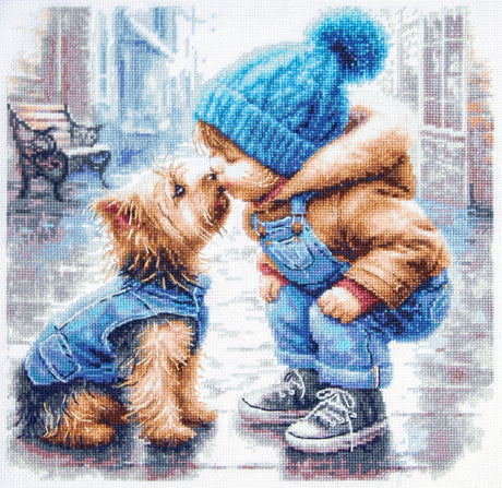 Kit de punto de cruz Magic Needle 70-51 First Friend con perro en una escena tierna de invierno, bordado en Aida Zweigart beige 16 ct.