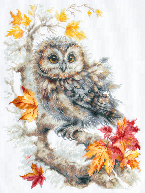 Kit de punto de cruz Magic Needle 70-54 First Autumn con búho en una escena otoñal, bordado en Aida Zweigart beige 16 ct.
