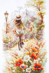 Kit de punto de cruz Magic Needle 70-57 To Be Happy con bicicleta, flores y paisaje romántico, bordado en Aida Zweigart beige 16 ct.
