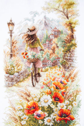 Kit de punto de cruz Magic Needle 70-57 To Be Happy con bicicleta, flores y paisaje romántico, bordado en Aida Zweigart beige 16 ct.