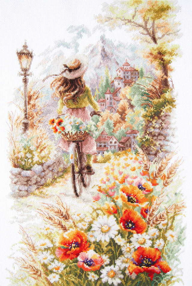 Kit de punto de cruz Magic Needle 70-57 To Be Happy con bicicleta, flores y paisaje romántico, bordado en Aida Zweigart beige 16 ct.