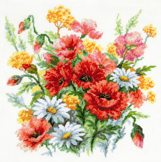 Kit de punto de cruz Magic Needle 70-58 Wildflowers con ramo de flores silvestres, amapolas rojas, margaritas blancas y flores amarillas sobre Aida blanco antiguo.