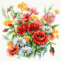 Kit de punto de cruz Magic Needle 70-58 Wildflowers con ramo de flores silvestres, amapolas rojas, margaritas blancas y flores amarillas sobre Aida blanco antiguo.
