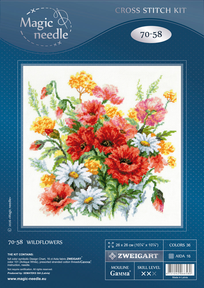 Kit de punto de cruz Magic Needle 70-58 Wildflowers con flores silvestres, 26 x 26 cm