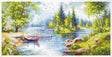Kit de punto de cruz Magic Needle 70-61 A Day in Calm con paisaje de lago, barca roja, árboles y bosque reflejados en el agua.