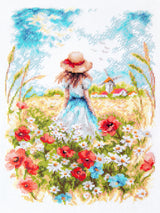 Kit de punto de cruz Magic Needle 70-65 Pleno Verano con una joven entre amapolas y flores silvestres contemplando un paisaje rural, tamaño 19 × 26 cm.