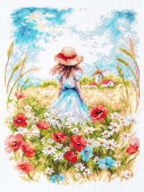 Kit de punto de cruz Magic Needle 70-65 Pleno Verano con una joven entre amapolas y flores silvestres contemplando un paisaje rural, tamaño 19 × 26 cm.