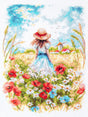 Kit de punto de cruz Magic Needle 70-65 Pleno Verano con una joven entre amapolas y flores silvestres contemplando un paisaje rural, tamaño 19 × 26 cm.