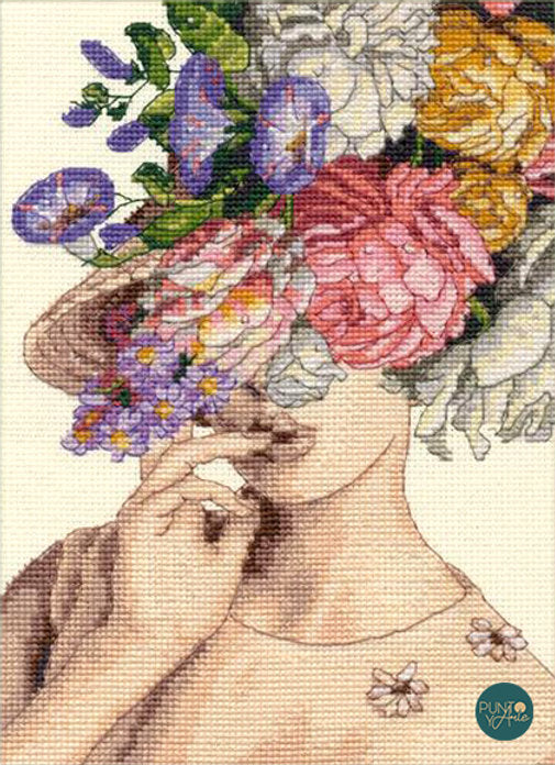 Mujer con sombrero de flores - 70-65209 Dimensions - Kit de punto de cruz