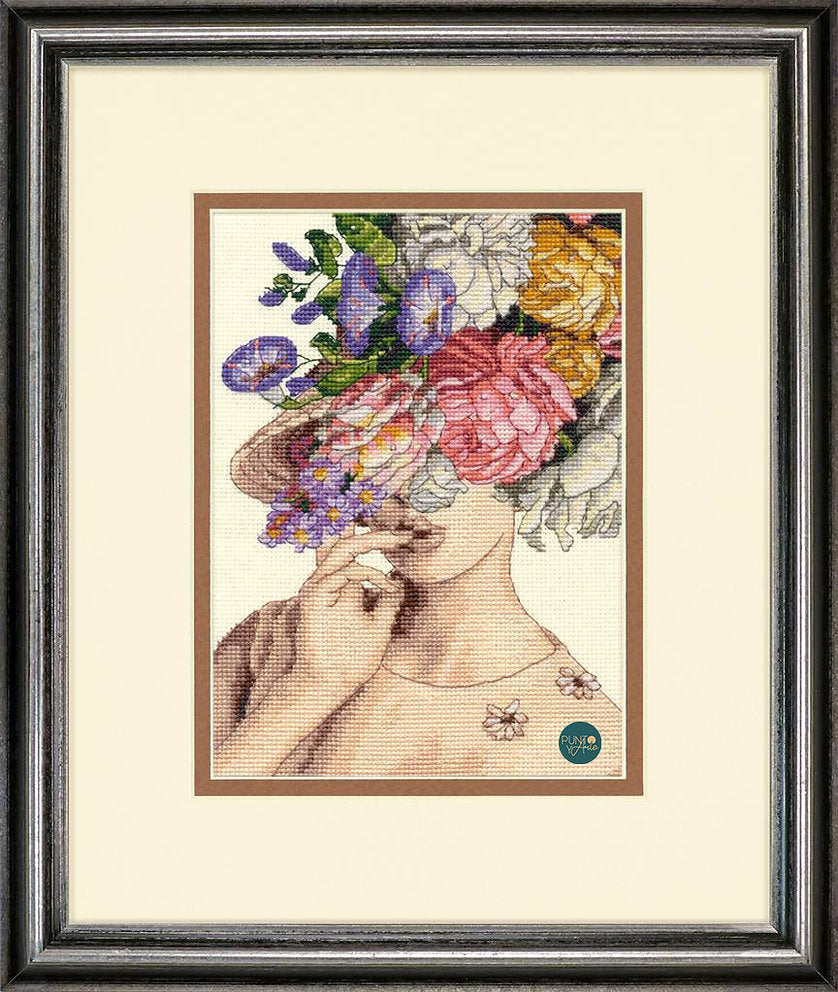 Mujer con sombrero de flores - 70-65209 Dimensions - Kit de punto de cruz