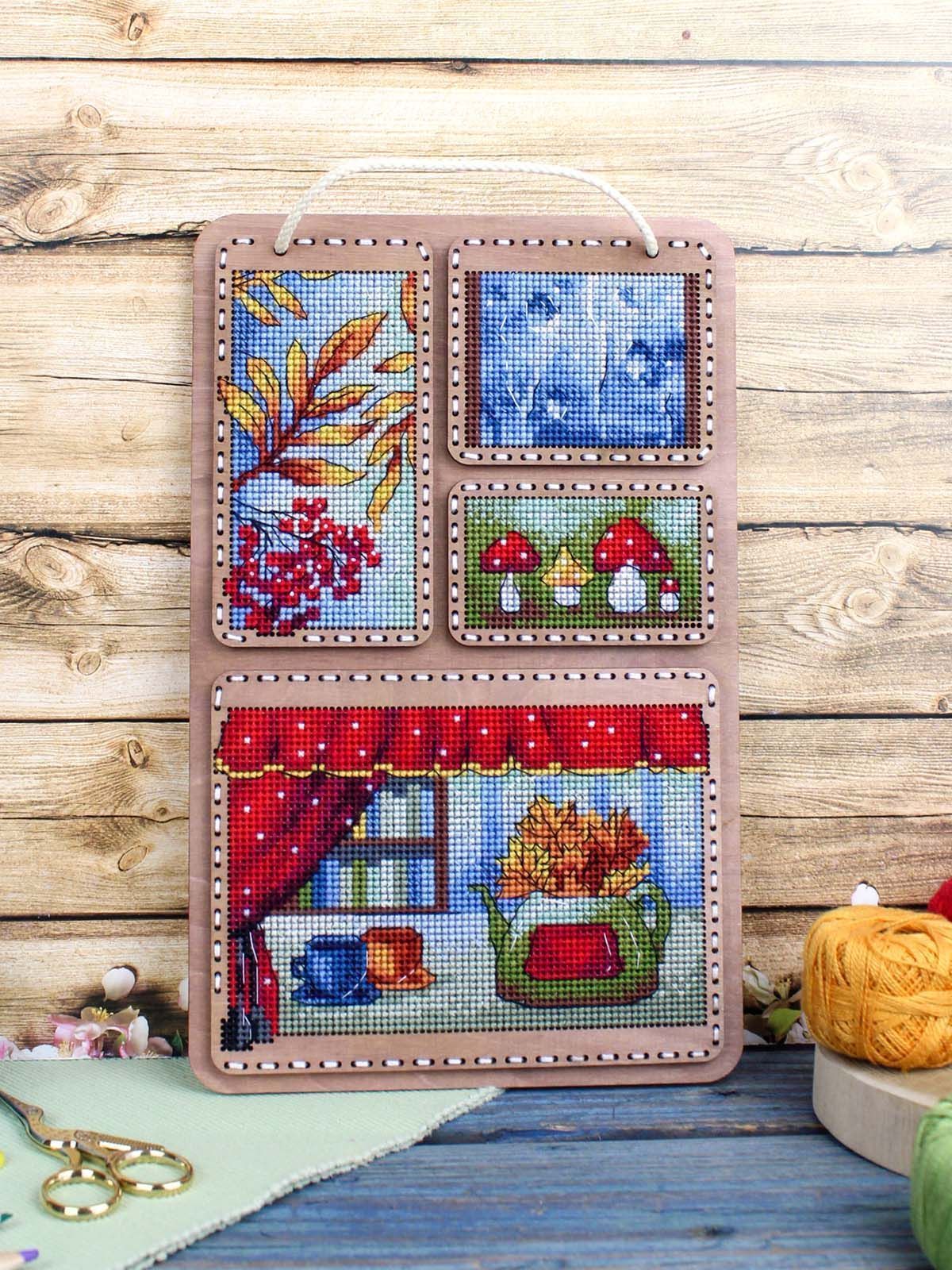 MP Studia “Autumn Collage” Wooden Base Cross Stitch Kit SO-126 – Autumn Decoration 26×17 cm