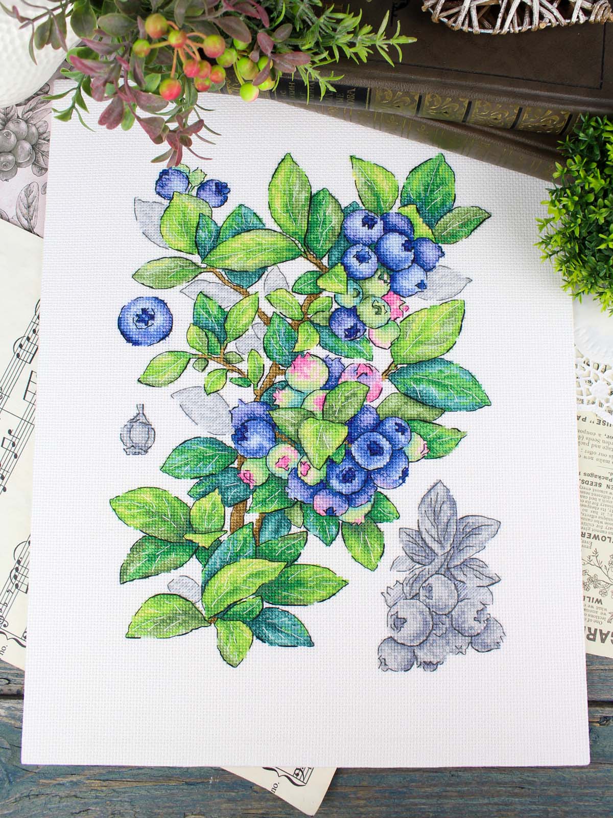 Cross Stitch Kit "Blueberry" MP Studia SNV-929 - Botanical Blueberries 28x20 cm Aida 16 ct