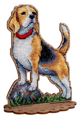 Kit de punto de cruz sobre madera MP Studia SO-169 Beagle con perro beagle tricolor, collar rojo y pelota, bordado sobre base de madera perforada con soporte