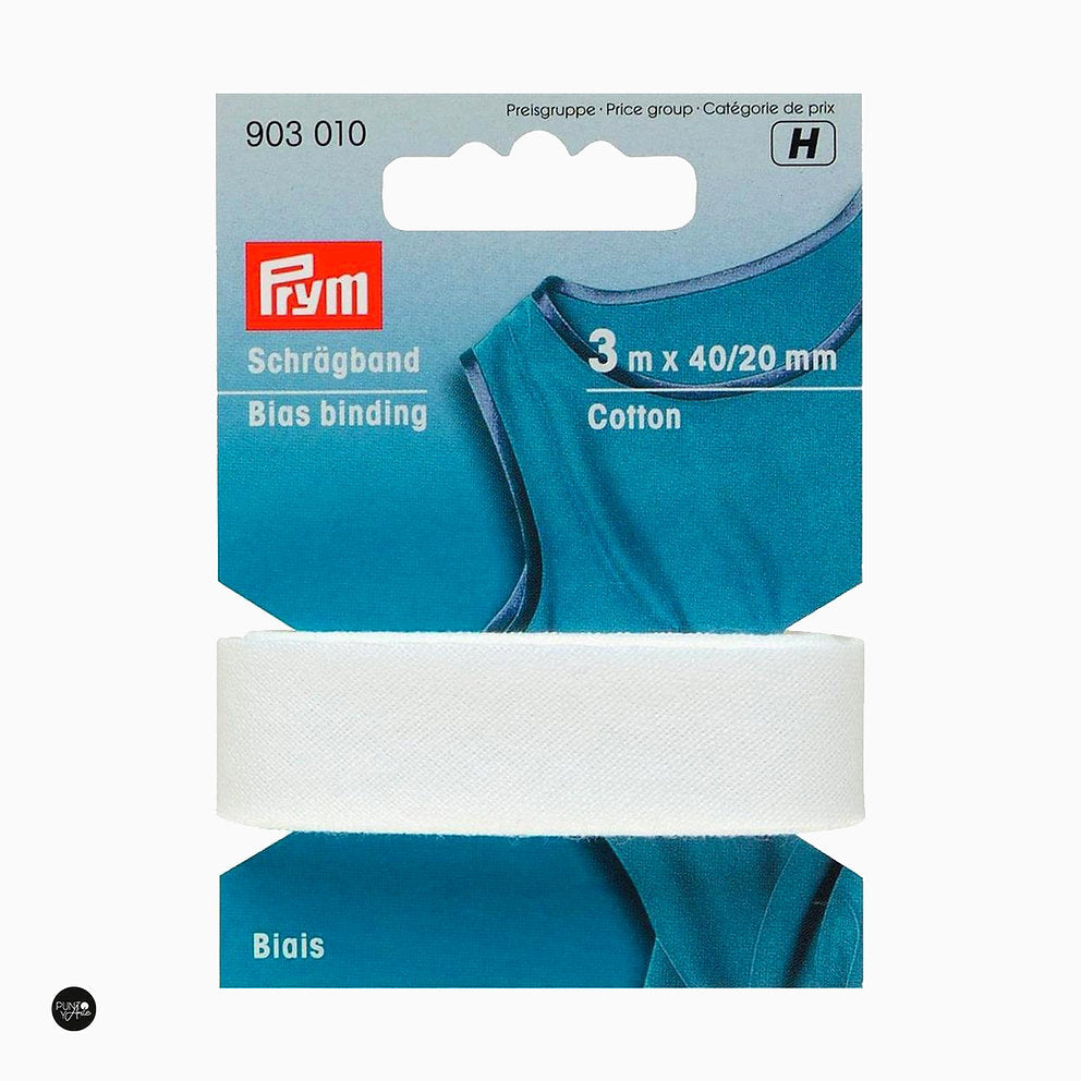 Cinta al Bies Algodón 40/20 mm Blanco 3 m Prym 903010 - accesorio Prym para accesorios de mercería