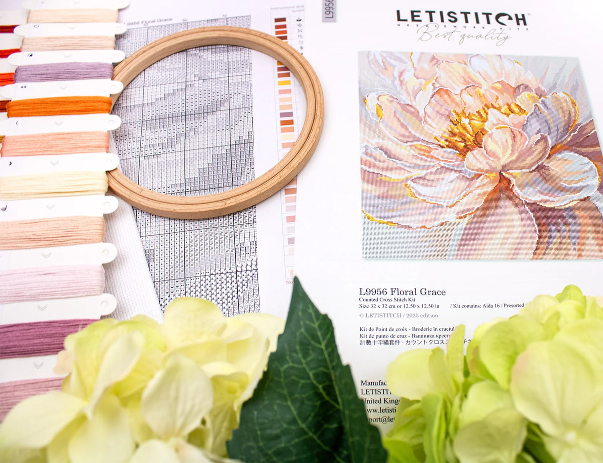 Letistitch L9956 "Floral Grace" Cross Stitch Kit – Flowers 32x32 cm