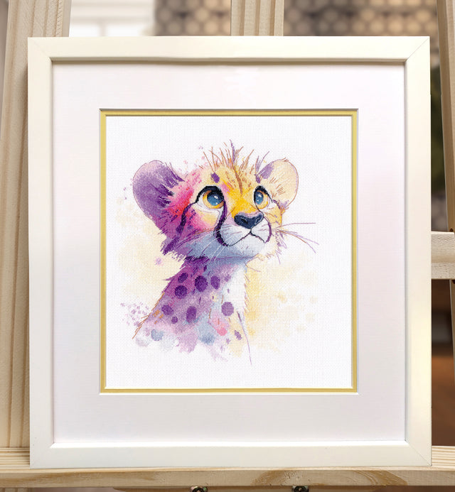 Kit de punto de cruz The Magic of Watercolor Cheetah Oven S1721 con retrato de guepardo en estilo acuarela sobre tela Aida blanca