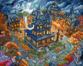 Kit de punto de cruz LetiStitch Haunted Happenings L9967, escena fantástica con casas embrujadas