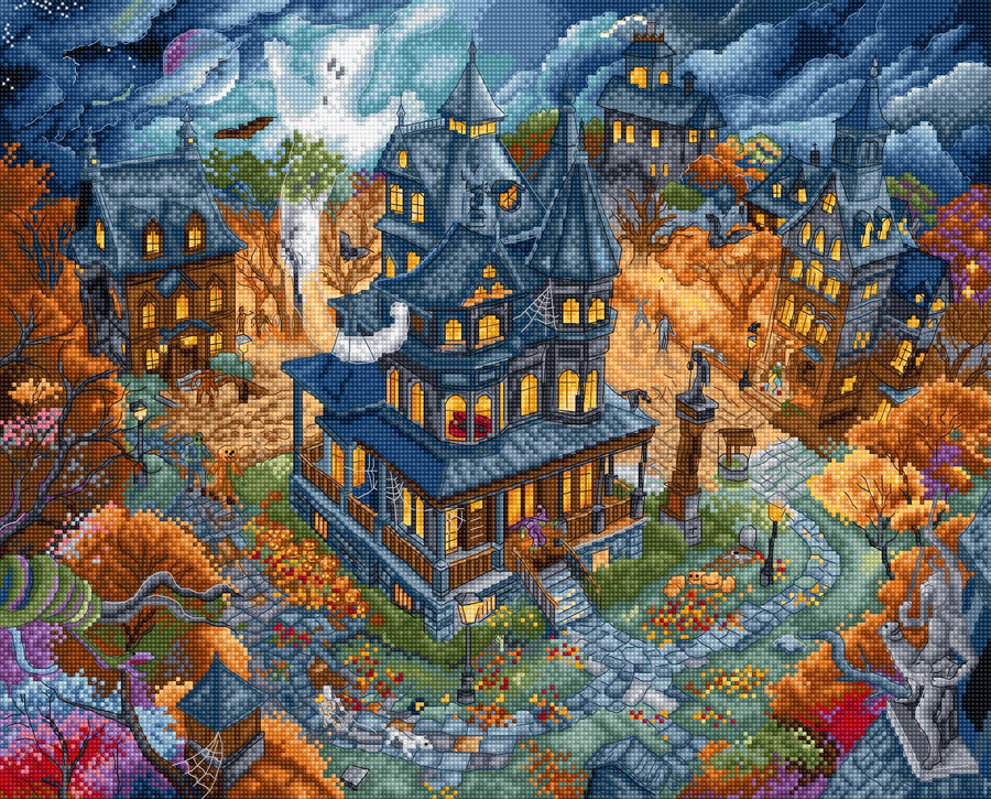 Kit de punto de cruz LetiStitch Haunted Happenings L9967, escena fantástica con casas embrujadas
