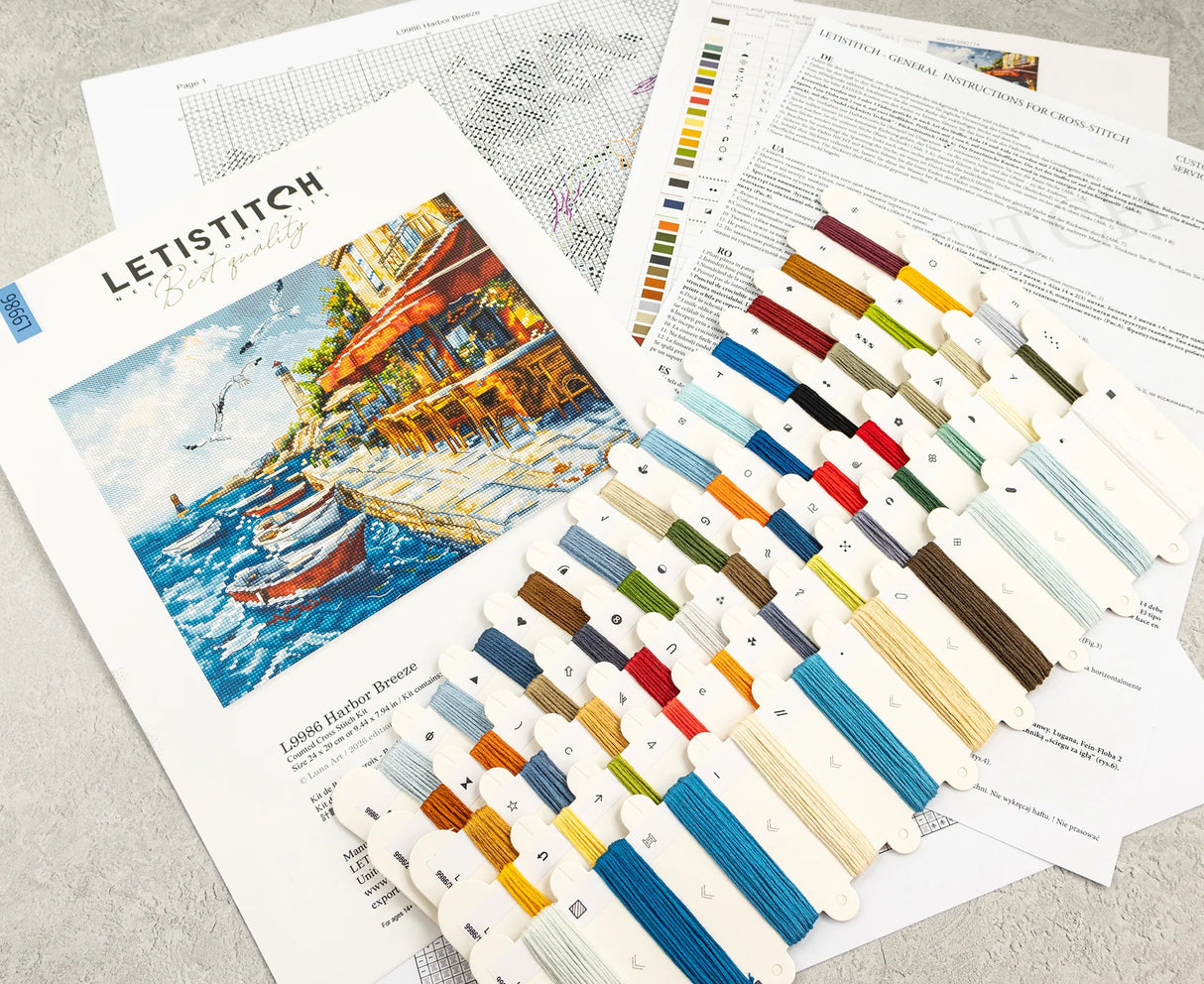 Kit de punto de cruz LetiStitch L9986 Harbor Breeze con puerto mediterráneo