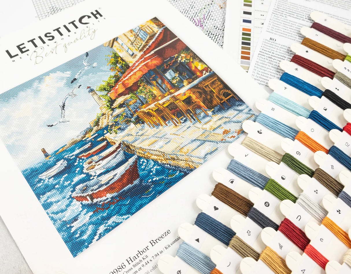 Kit de punto de cruz LetiStitch L9986 Harbor Breeze con puerto mediterráneo