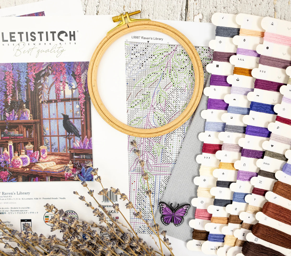 Kit de punto de cruz LetiStitch L9987 Raven’s Library con cuervo y biblioteca mágica
