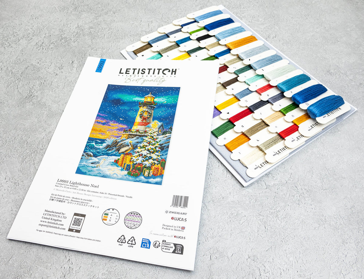 Contenido del kit de punto de cruz Letistitch L9993 Lighthouse Noel