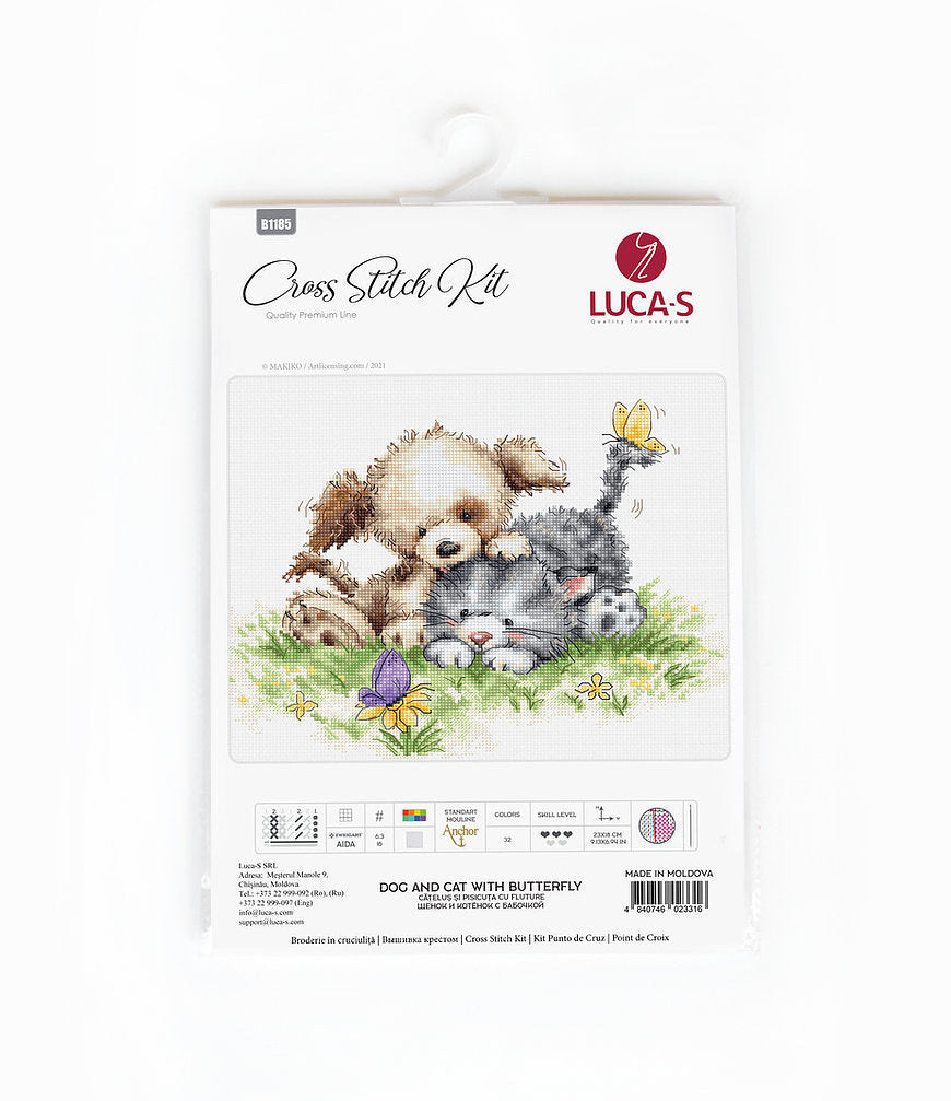 Perro y gato con mariposa - B1185 Luca-S - Kit de Punto de Cruz
