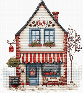 Diseño de punto de cruz “Café” – fachada de cafetería vintage con toldo rojo y mesas al aire libre, bordado detallado y colorido.