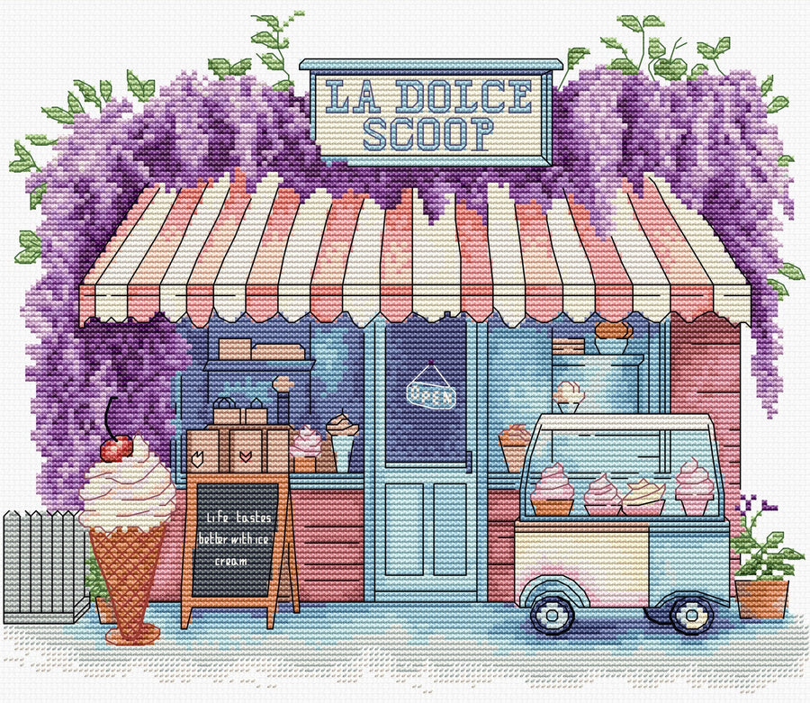 Tienda de helados vintage con flores lilas y carrito de helados – diseño de punto de cruz colorido y detallado.