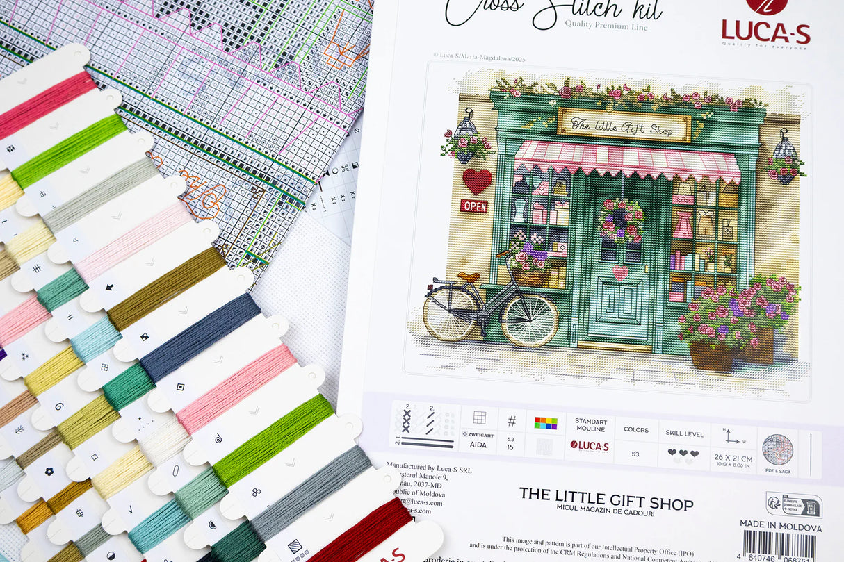 Luca-S B1429 – The Little Gift Shop | Kit de punto de cruz con tienda de regalos romántica
