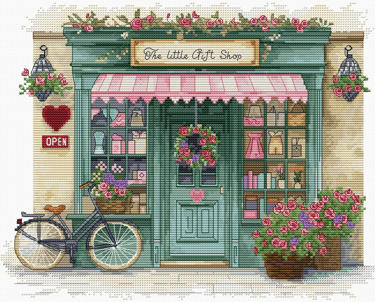 Luca-S B1429 – The Little Gift Shop | Kit de punto de cruz con tienda de regalos romántica