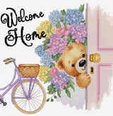Luca-S B1433 – Welcome Home! | Kit de punto de cruz con osito, flores y bicicleta