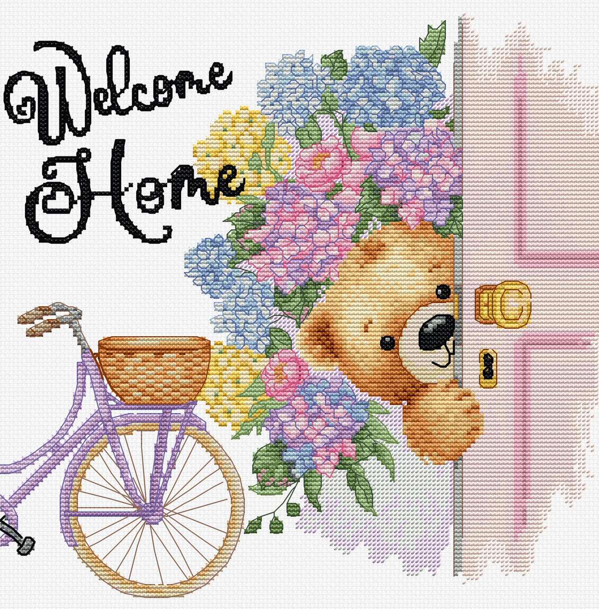 Luca-S B1433 – Welcome Home! | Cross stitch kit with teddy bear, flowers and bicycle