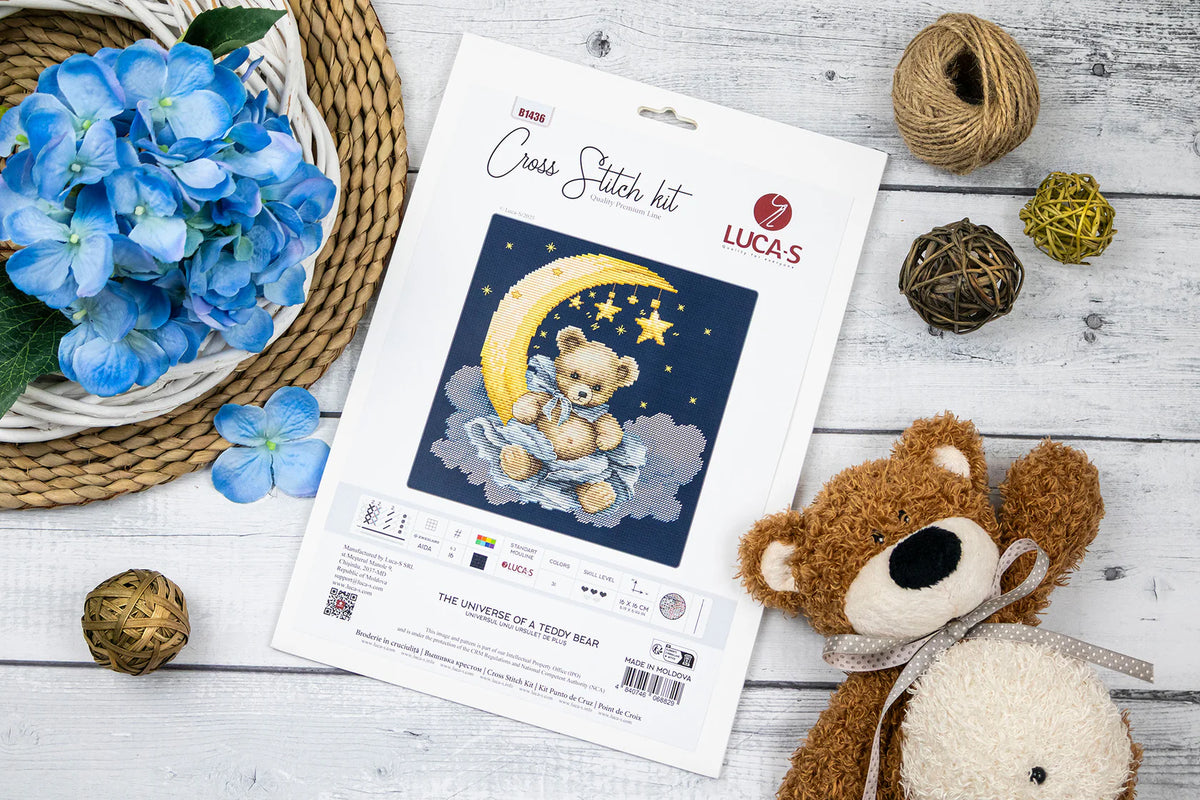 Kit de punto de cruz Luca-S The Universe of a Teddy Bear B1436, set completo de bordado en su embalaje original