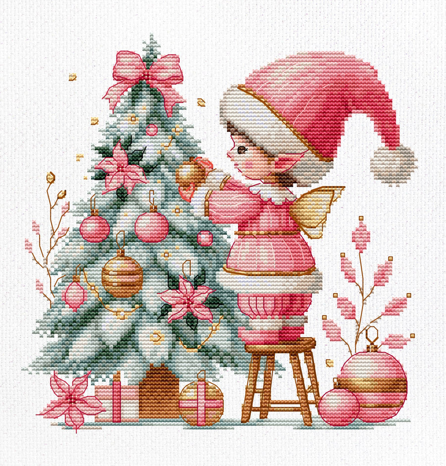 Kit de punto de cruz Luca-S Christmas Joy con niña decorando el árbol de Navidad