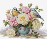 Kit de point de croix - « Vase avec roses et oiseaux » par Luca-S, B7038