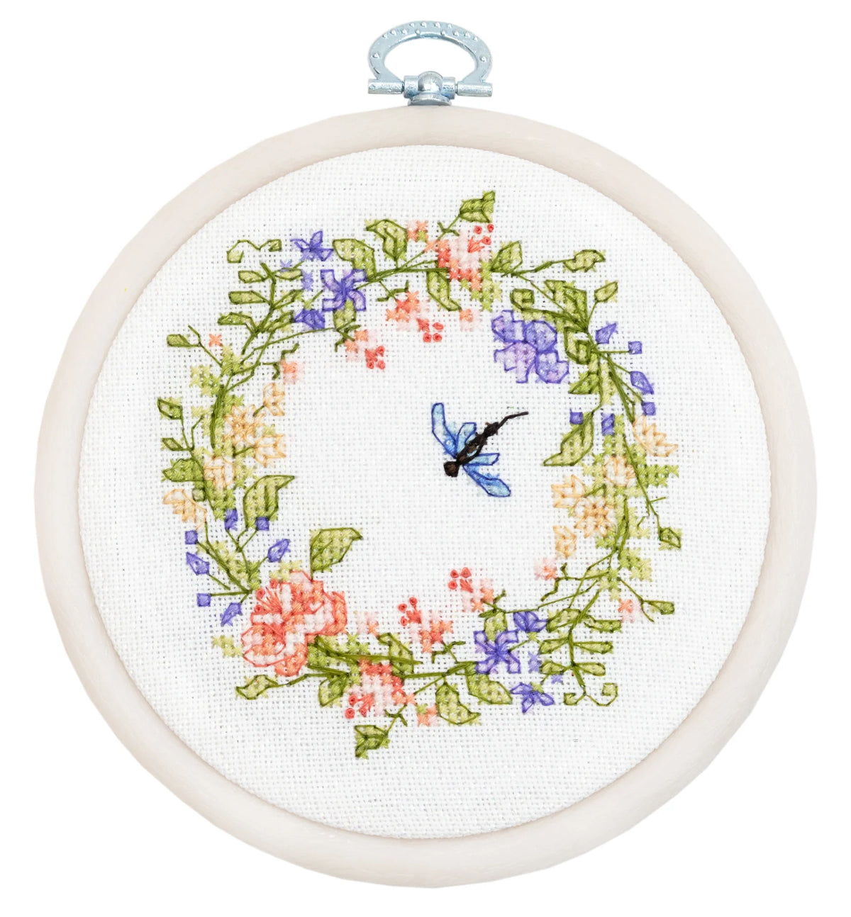 Kit punto de cruz Luca-S In the Harmony of Spring BC107 corona floral con libélula y bastidor