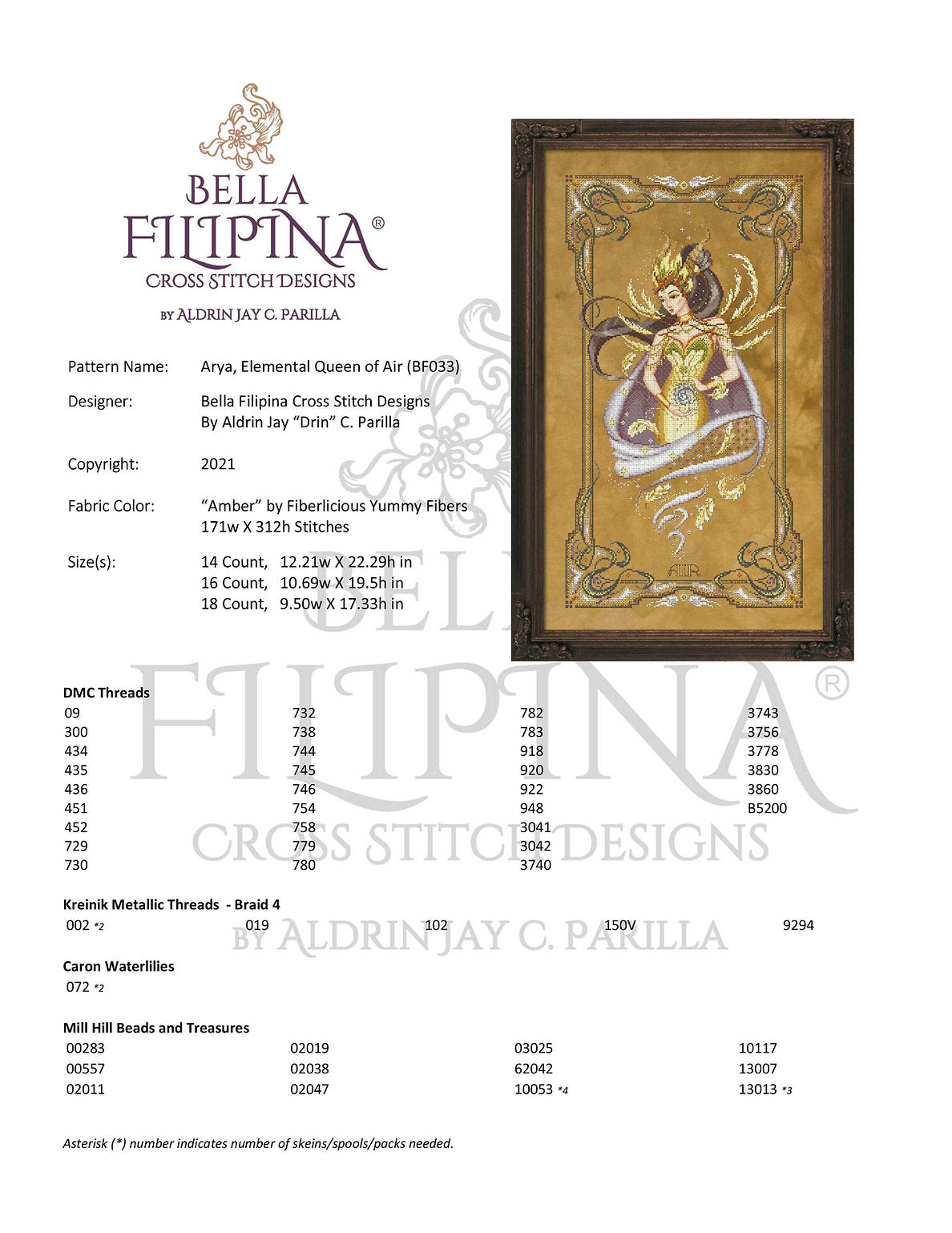 Arya, Elemental Queen of Air - Bella Filipina - Cross stitch chart