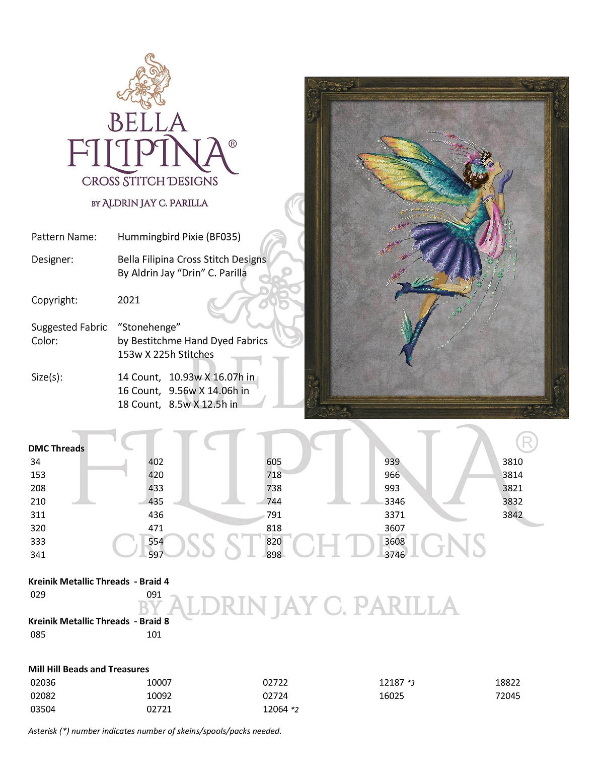 Colibri Pixie - Bella Filipina - Grille point de croix BF035