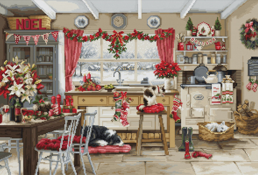 Kit Punto de Cruz Luca-S GOLD Christmas Farmhouse Kitchen, BU5053 navidad, interior 