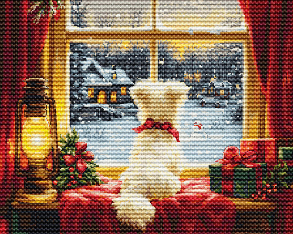 Kit de punto de cruz Luca-S Waiting for the Snowflakes BU5076 con cachorro y escena invernal